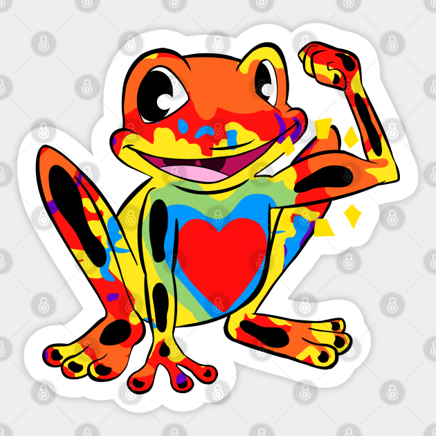 Vibrant cartoon frog flexing arm with rainbow paint splashes and heart on chest, smiling joyfully.