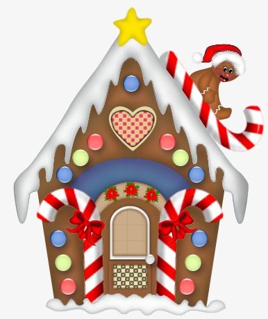 Festive gingerbread house with candy canes, snow, star topper, and a gingerbread man peeking from the roof.