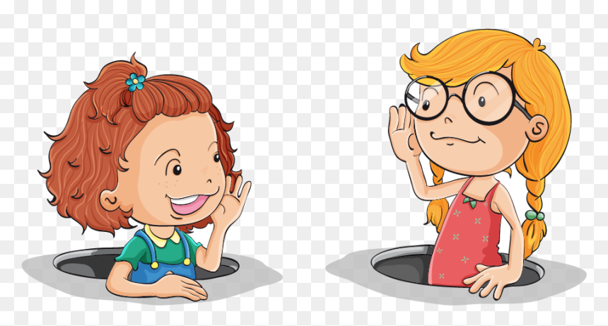 Two smiling cartoon girls whispering to each other from separate holes in the ground.