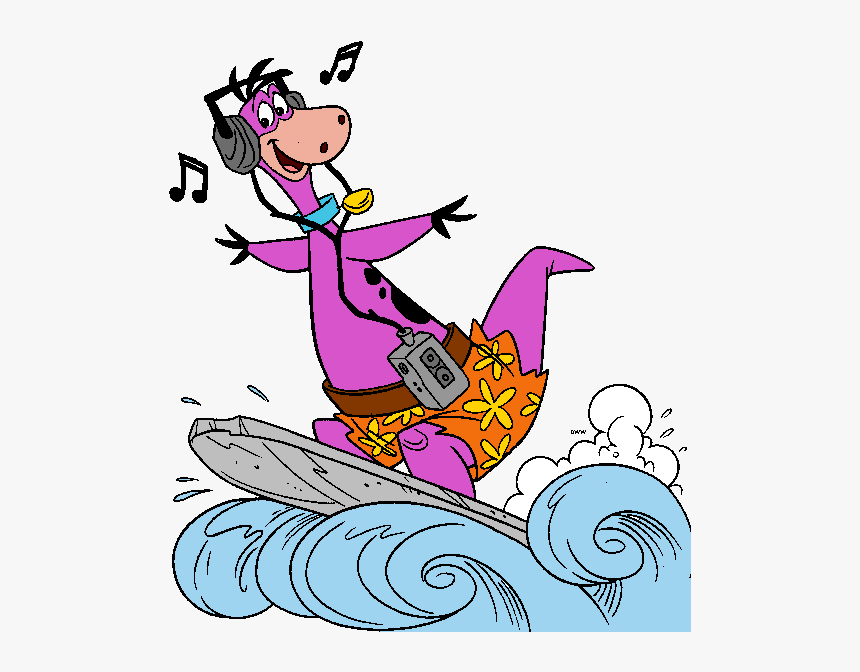 A purple cartoon dinosaur wearing headphones, surfing on a wave while listening to music from a boombox.