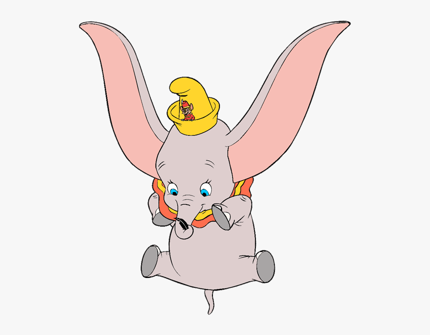 Dumbo the flying elephant with oversized ears, wearing a yellow hat with Timothy Q. Mouse, mid-flight and joyful.