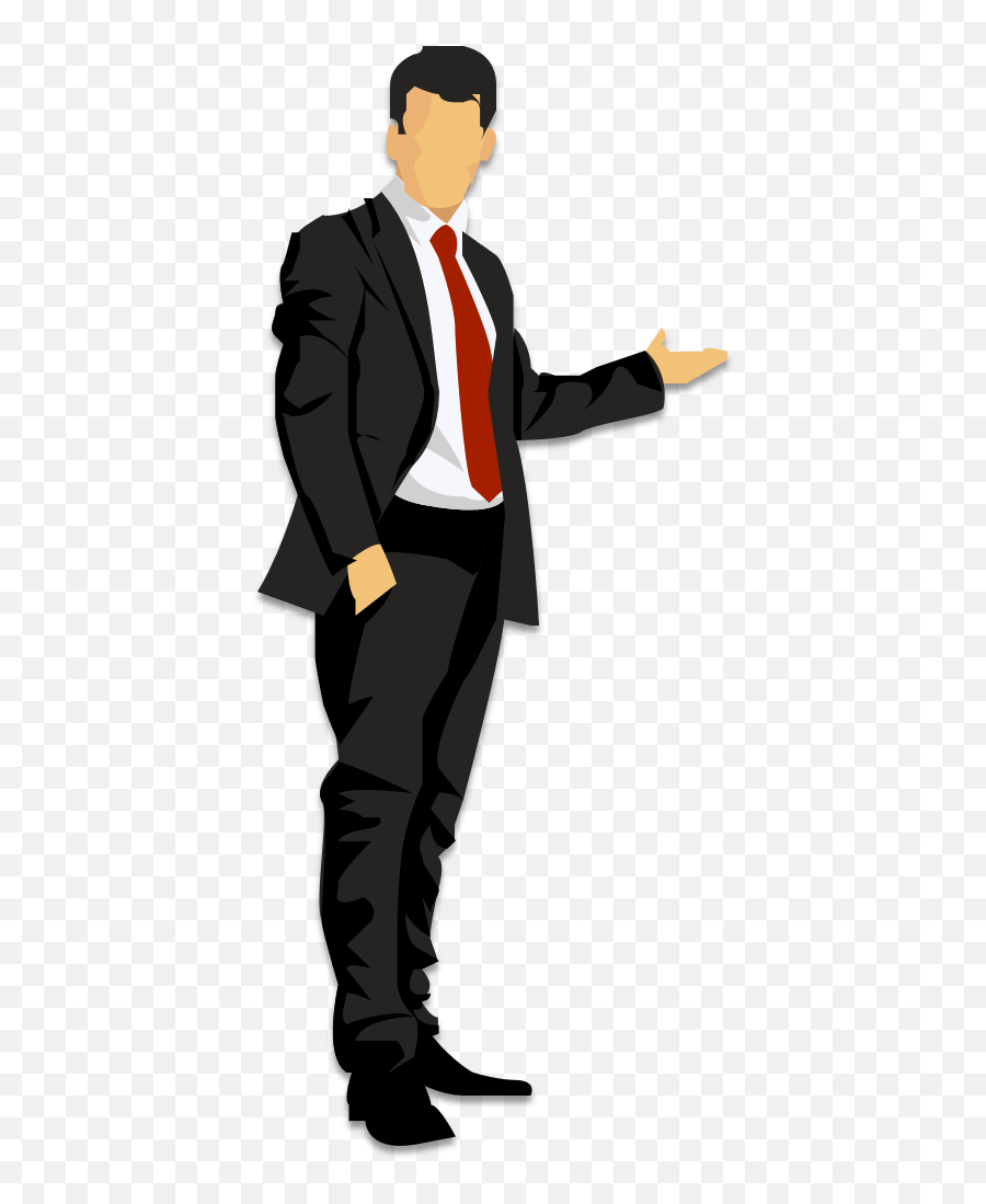 Businessman in black suit and red tie gesturing with open hand, cartoon-style illustration on transparent background.