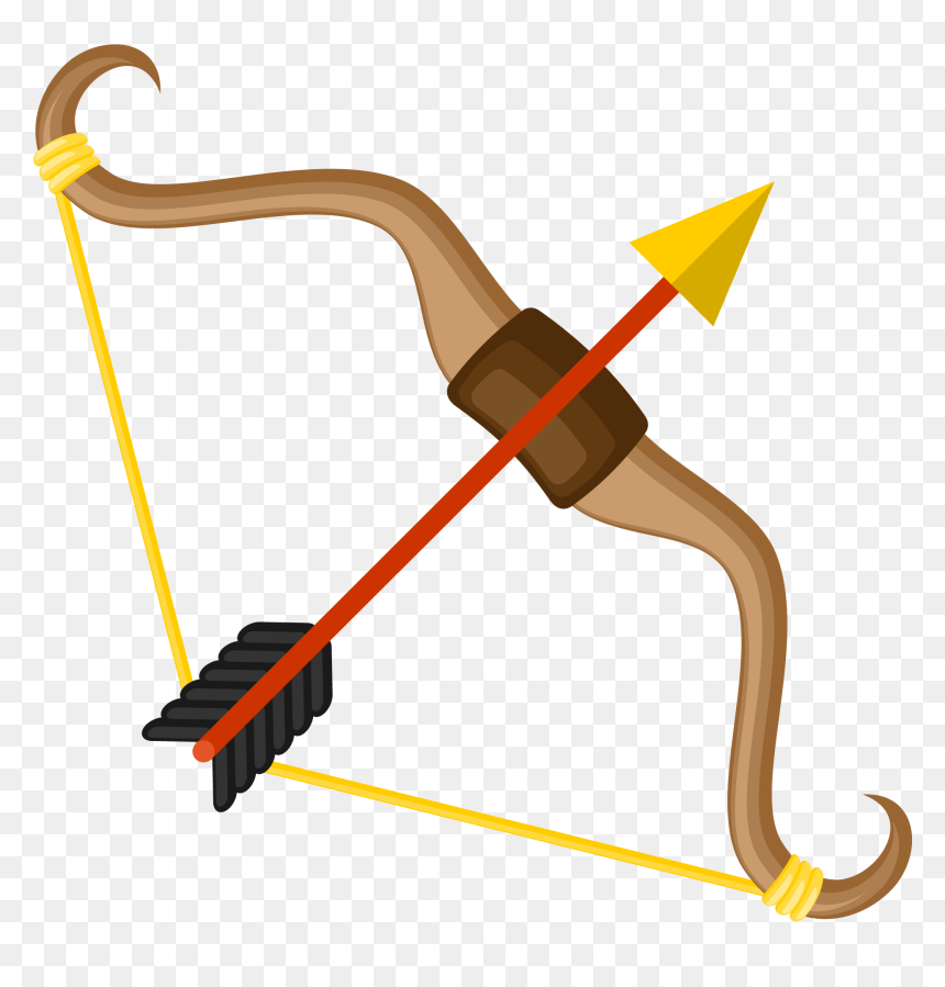 A cartoon-style wooden bow with a red arrow nocked and ready to shoot, yellow string, and black fletching on a transparent background.