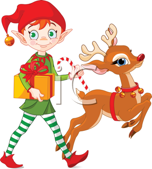 Cheerful Christmas elf in green outfit holding gift and candy cane, walking beside a smiling reindeer with red harness.