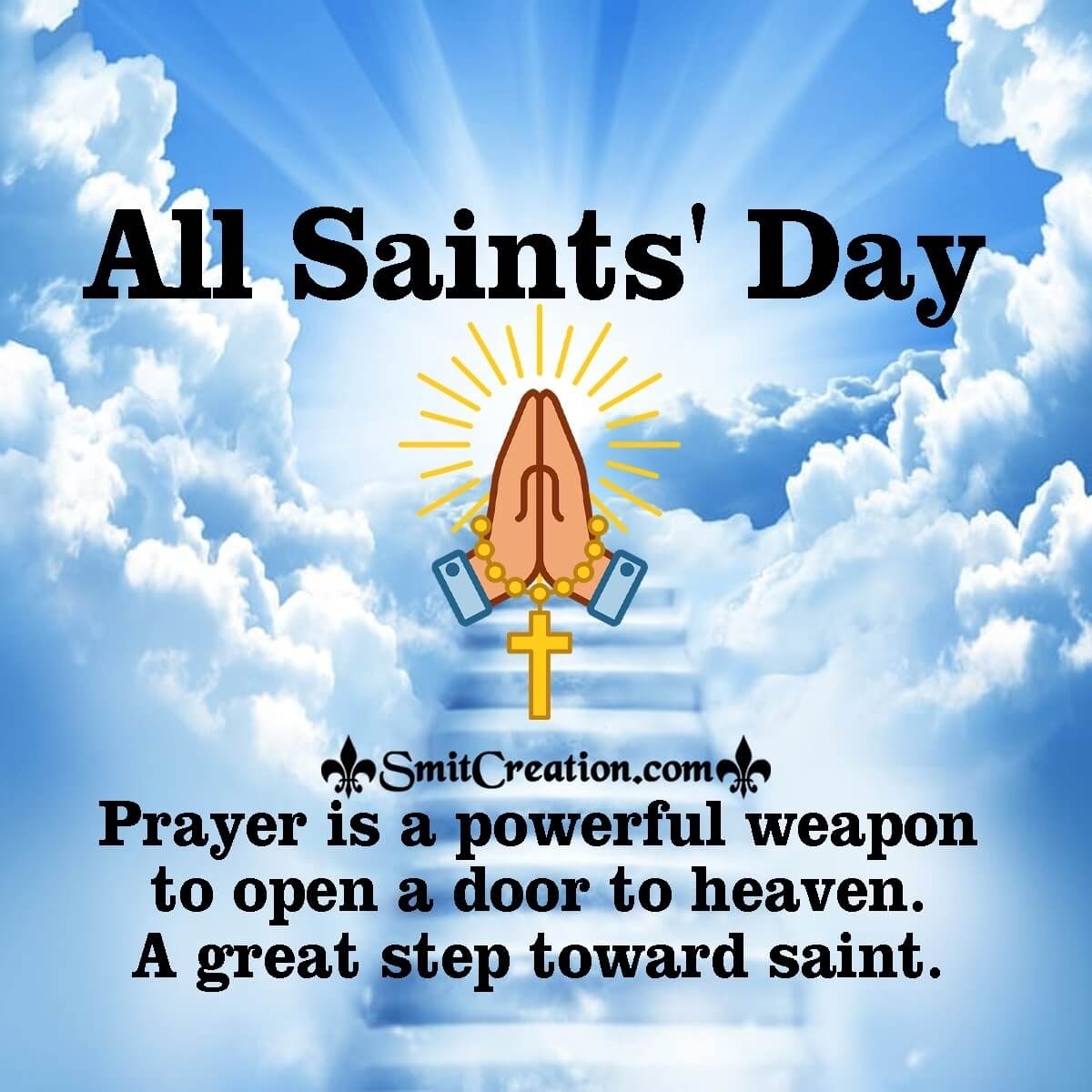 All Saints' Day graphic with praying hands, rosary, cross, and heavenly clouds background.