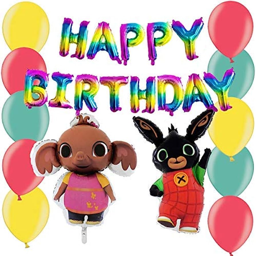 Rainbow "Happy Birthday" foil balloons with Bing and Flop characters surrounded by colorful latex balloons.