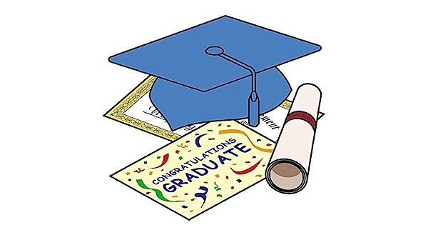 Blue graduation cap, rolled diploma, and "Congratulations Graduate" card with confetti.