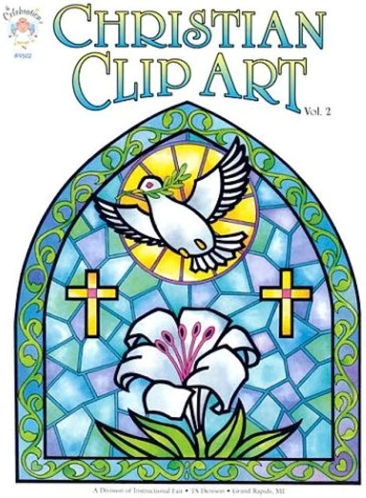 Stained-glass-style Christian clip art featuring a dove with olive branch, two crosses, and a white lily in an arched frame.