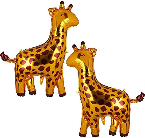 Two shiny gold giraffe-shaped foil balloons with brown spots, one larger and one smaller, standing side by side on white background.