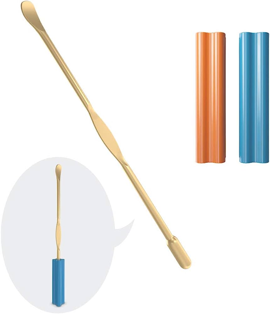Gold-colored dental spatula with blue and orange protective caps, shown in use and isolated.