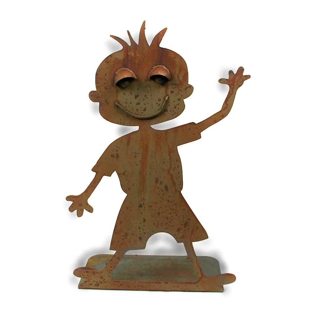 Rusty metal sculpture of a smiling child waving, with spiky hair and playful stance on a base.