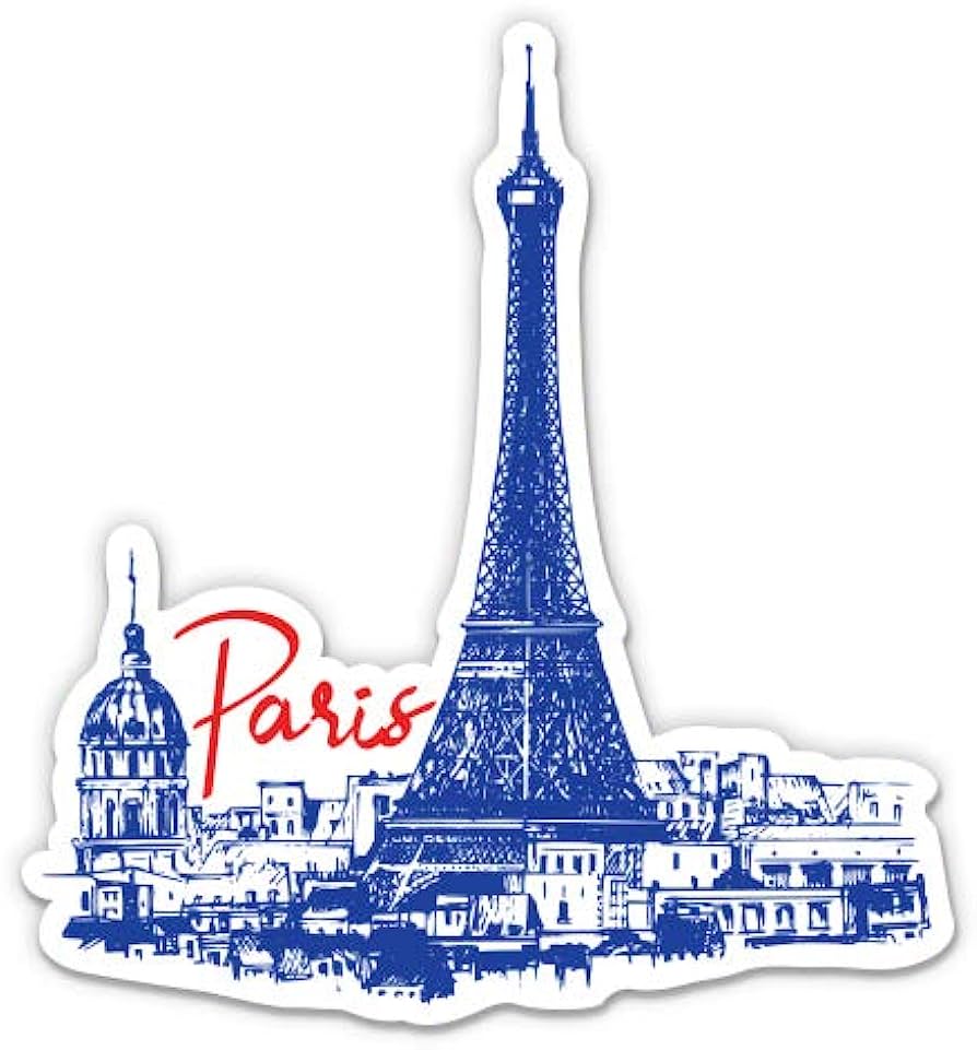 Blue line-art illustration of Paris skyline featuring the Eiffel Tower, dome of Les Invalides, and city buildings with "Paris" in red script.