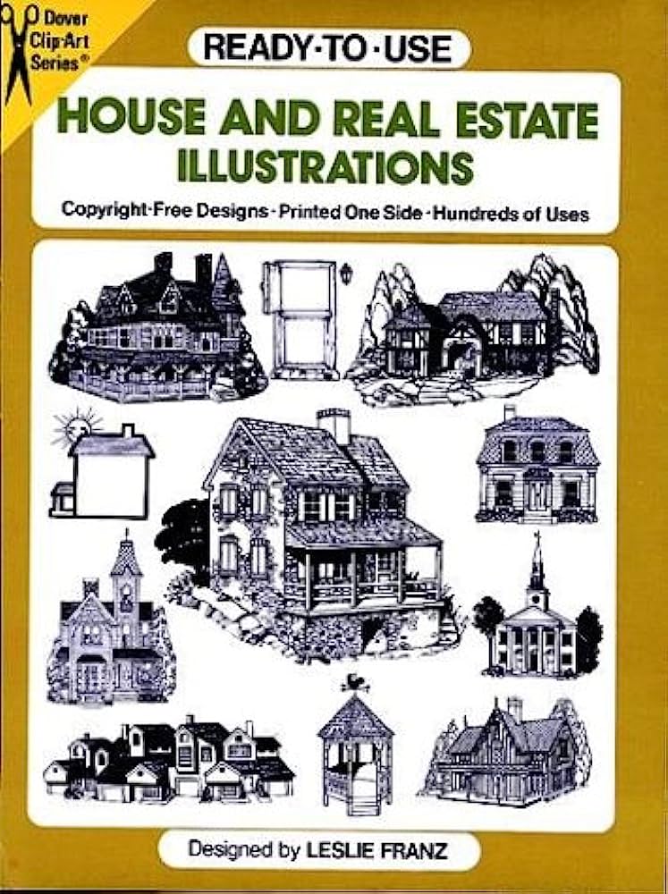 Dover Clip Art book cover featuring black-and-white house and real estate illustrations by Leslie Franz.