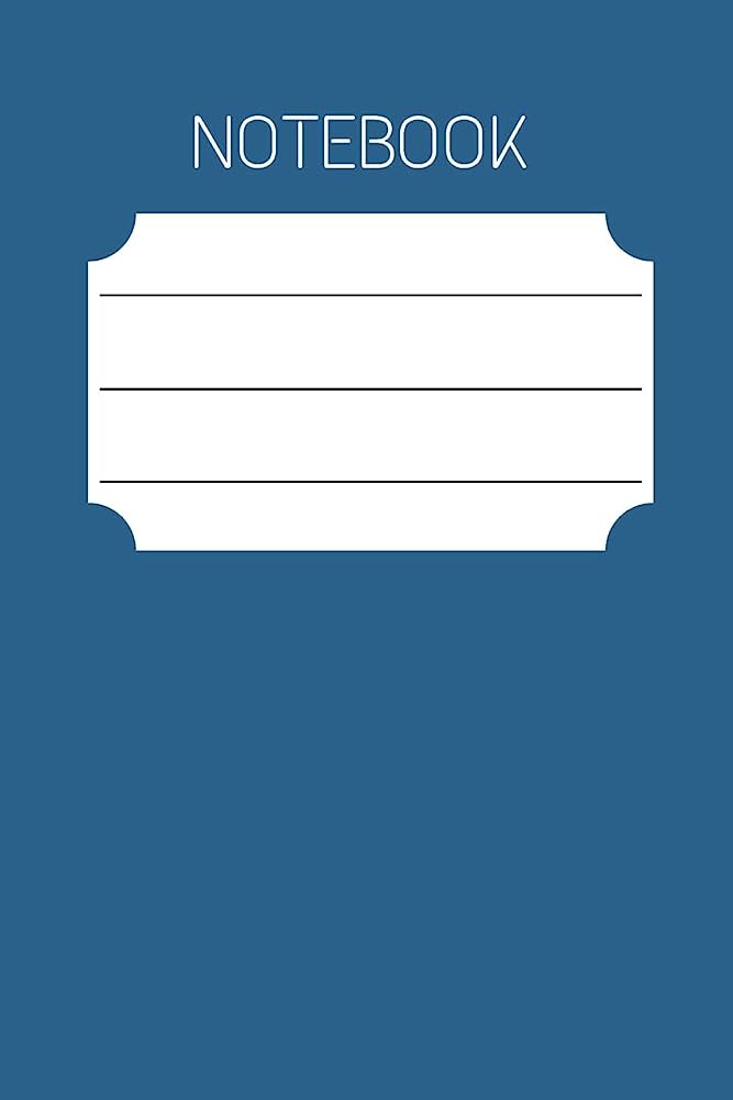 Minimalist blue notebook cover with white label area and "NOTEBOOK" title.