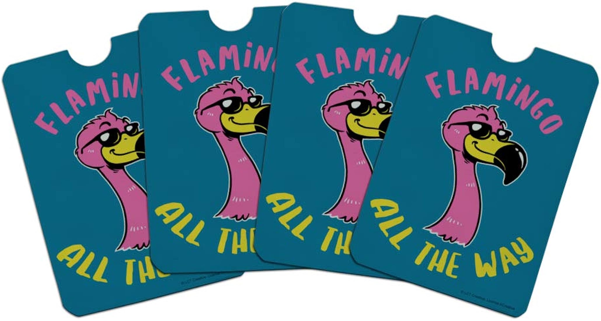Four teal phone grip cards featuring a pink flamingo wearing sunglasses and the text "FLAMINGO ALL THE WAY".