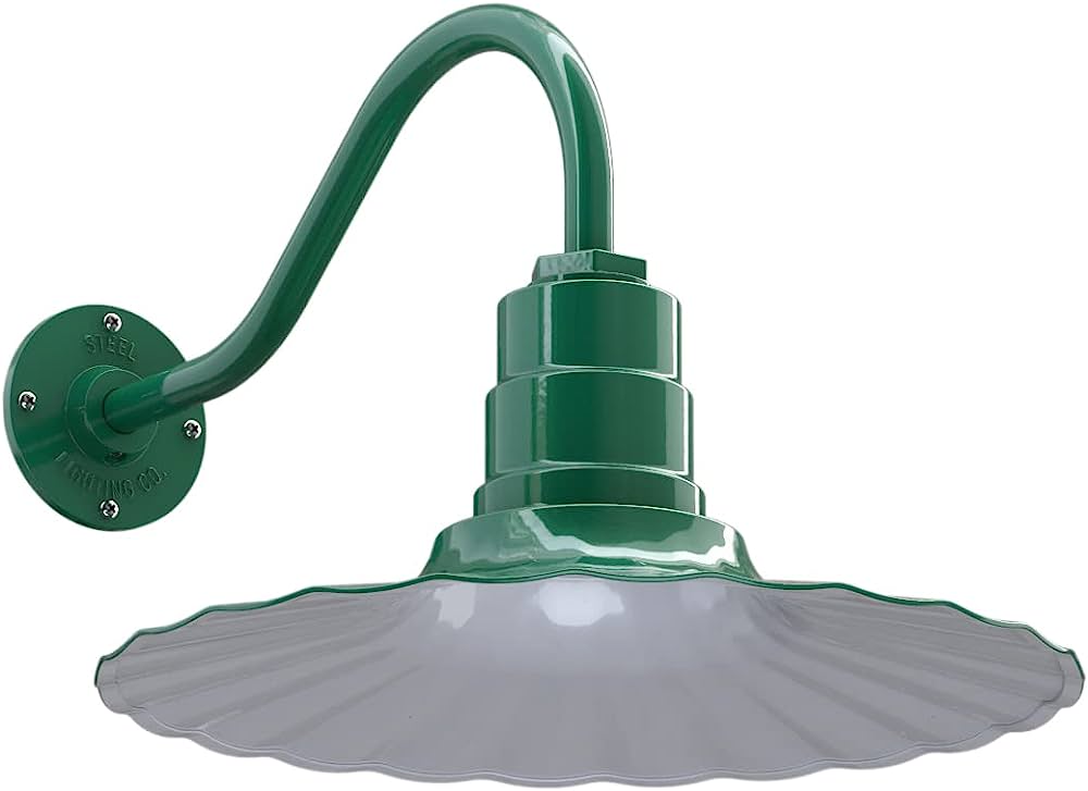 Green industrial gooseneck wall light with scalloped white shade and steel mounting plate.