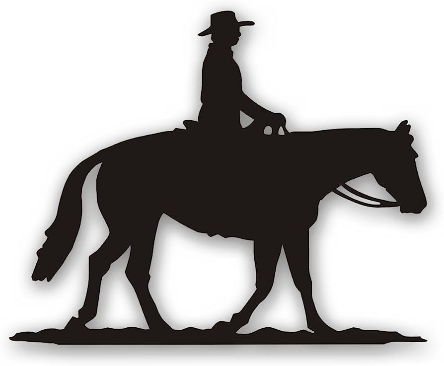 Silhouette of a cowboy wearing a hat, riding a horse in profile against a white background.
