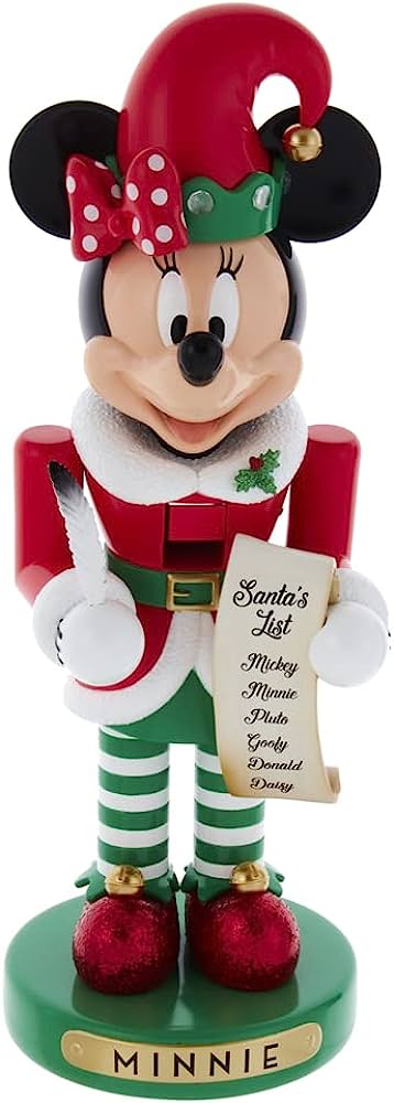 Minnie Mouse Christmas nutcracker figurine in elf outfit holding Santa’s List.
