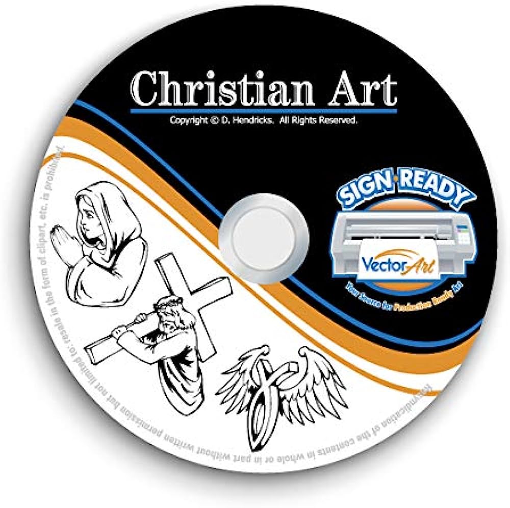 CD labeled "Christian Art" with prayer, crucifixion, and angel illustrations; includes VectorArt branding and copyright notice.