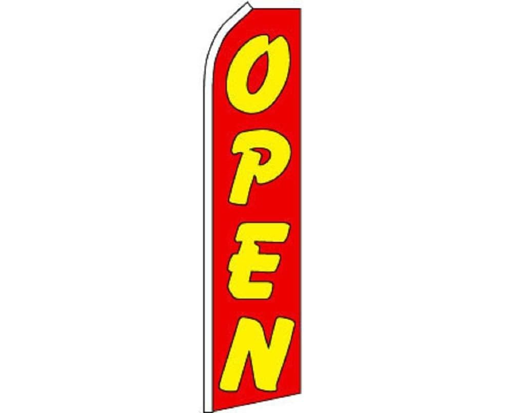 Red feather flag with bold yellow "OPEN" text on white background, used for storefront advertising.