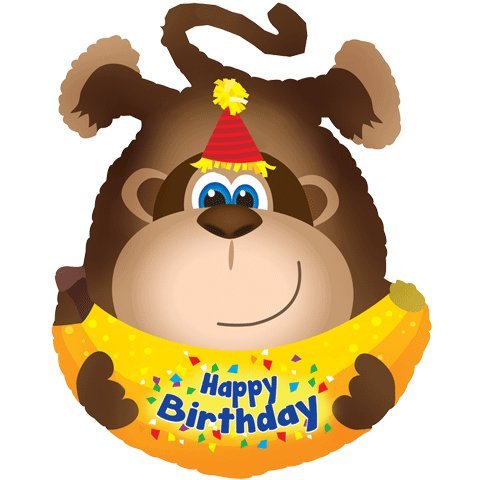 Cheerful cartoon monkey wearing a party hat and holding a "Happy Birthday" banana banner.