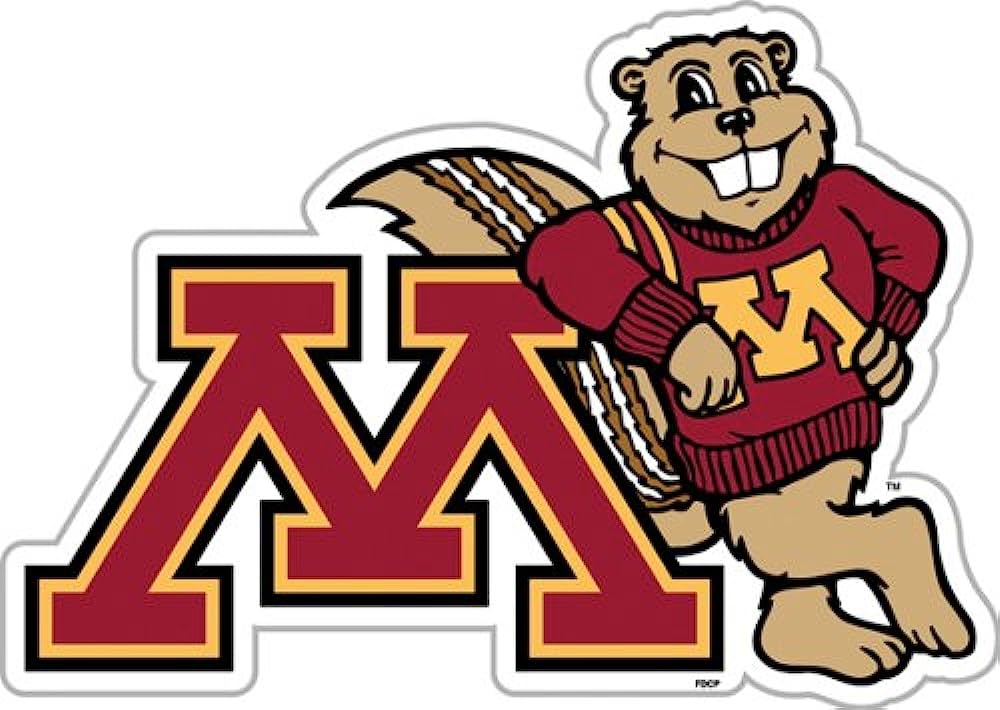 Minnesota Golden Gophers mascot Goldy Gopher in maroon sweater beside bold maroon "M" logo.