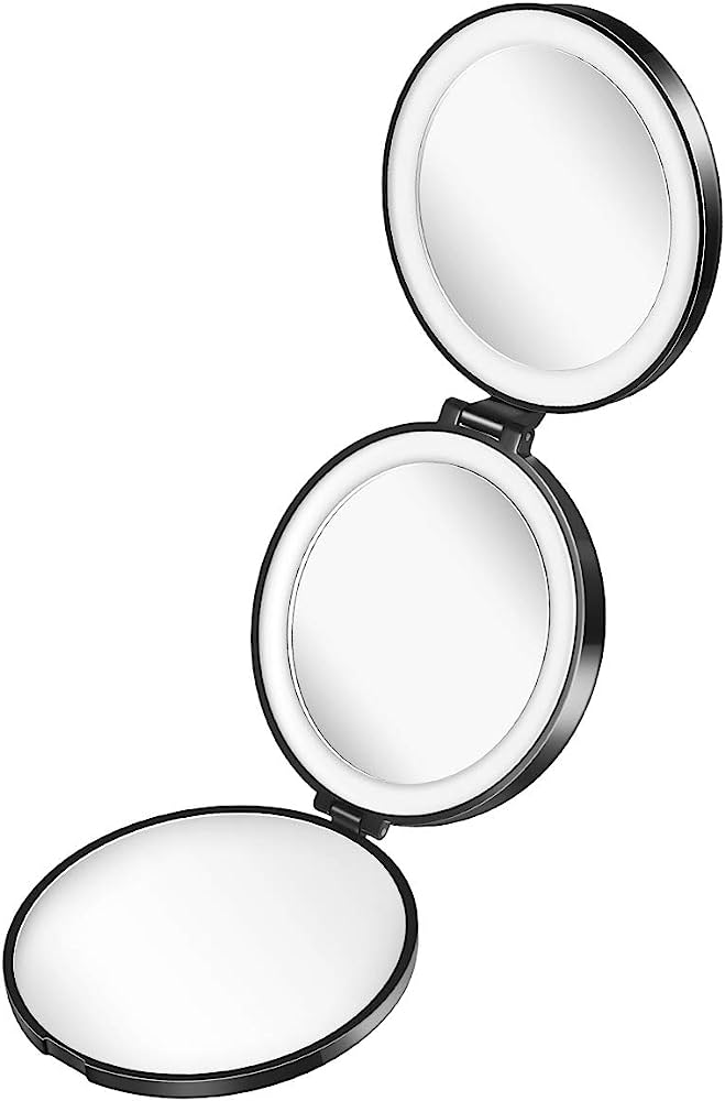 Compact 3-panel LED lighted makeup mirror with black casing, open to reveal illuminated mirrors on each panel.