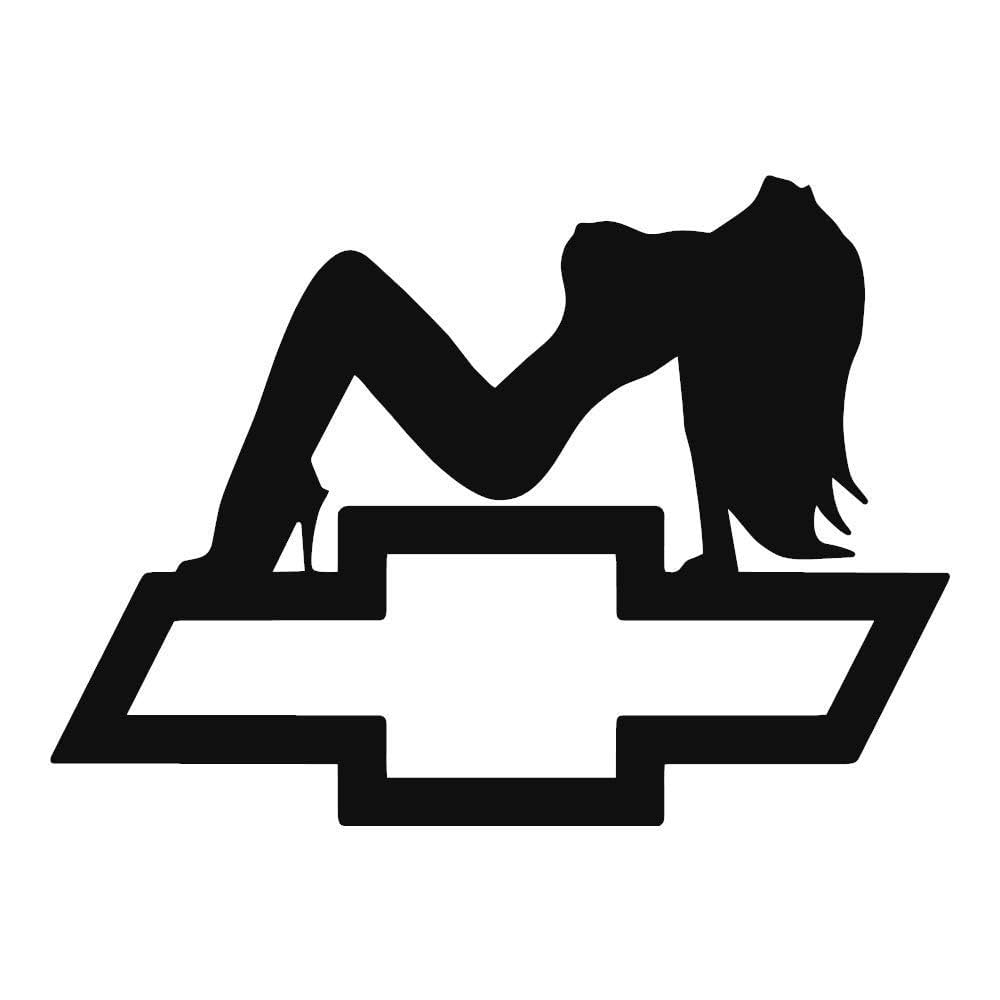 Silhouette of a woman reclining on a Chevrolet bowtie logo, stylized black-and-white graphic.