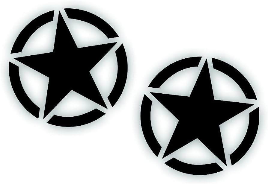 Two black five-pointed star insignias within circular segmented borders, styled as military roundels.