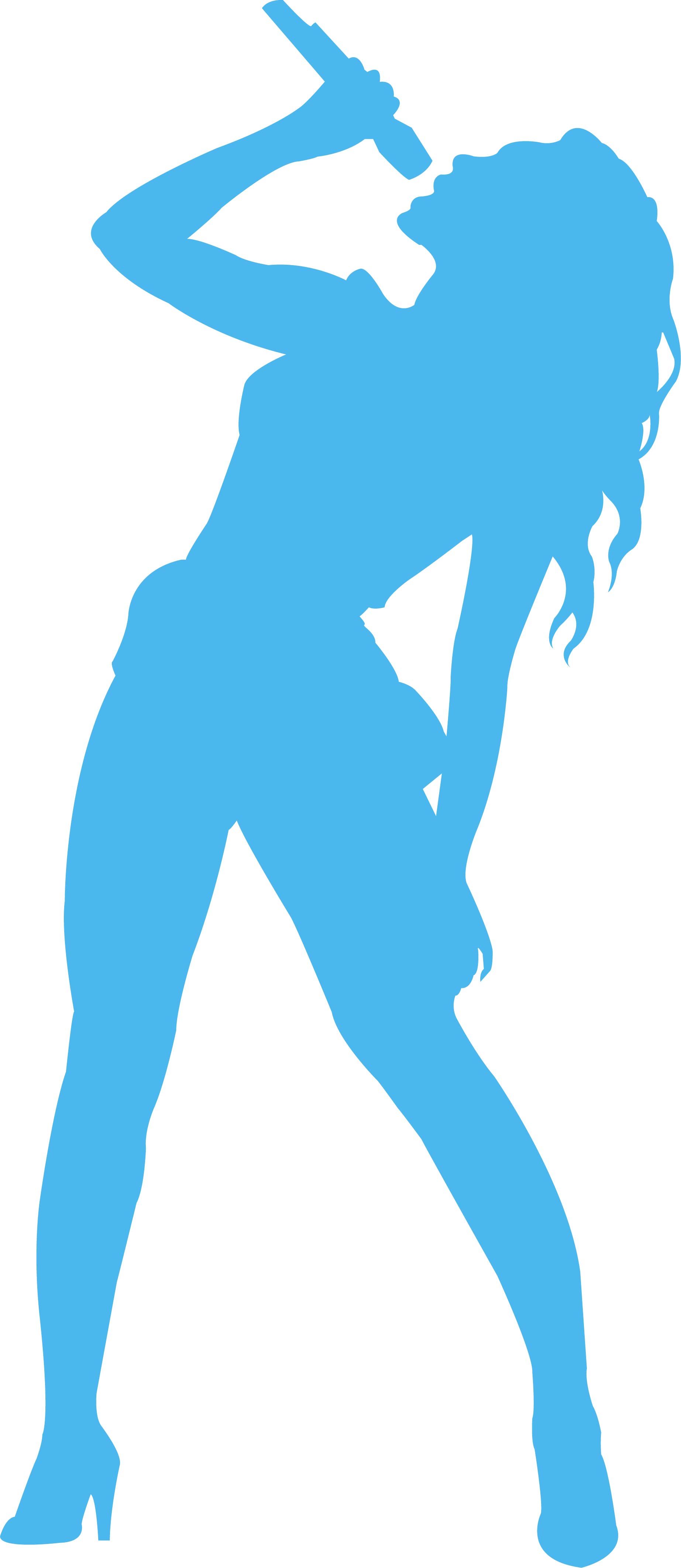 Blue silhouette of a woman singing into a microphone, wearing high heels and a stylish outfit.
