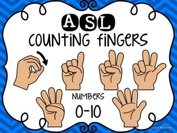 ASL counting fingers 0-10 chart with illustrated hand signs on blue patterned background.