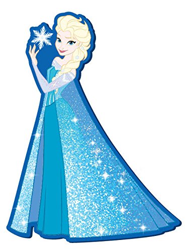 Elsa from Frozen in a sparkling blue gown, holding a snowflake with a joyful expression.