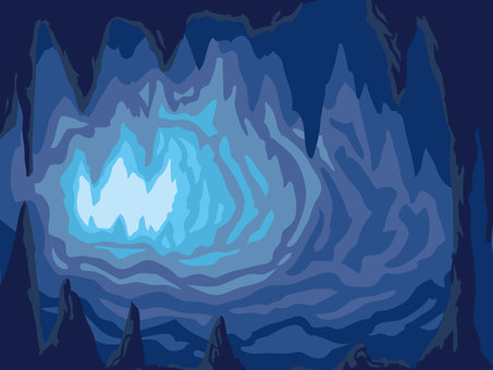 A stylized blue cave interior with glowing light at the center, surrounded by jagged rock formations and swirling shadows.