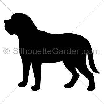 Black silhouette of a standing dog in profile view, facing left, with muscular build and short tail.