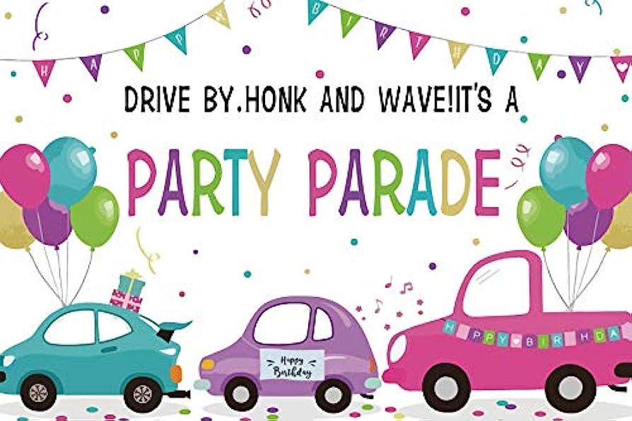 Colorful cartoon cars with balloons and banners celebrating a drive-by birthday party parade.