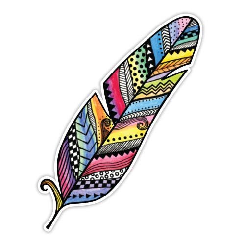 Colorful hand-drawn feather with intricate geometric and tribal patterns in vibrant rainbow hues.