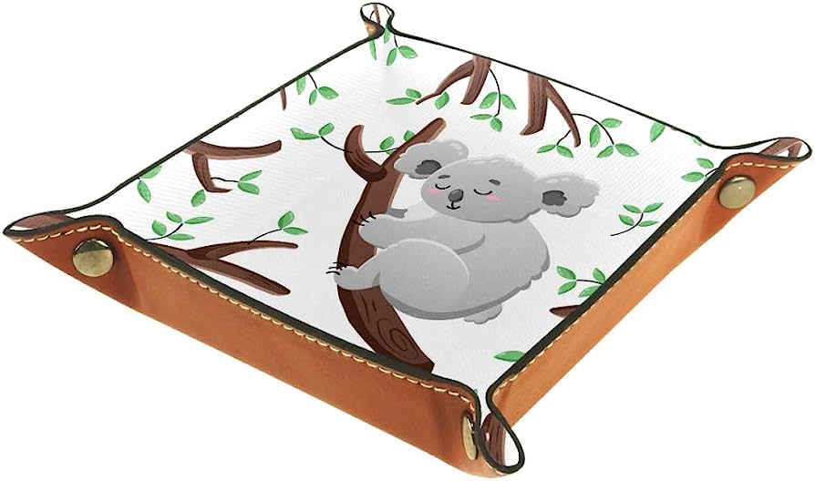 Cute koala sleeping on a tree branch, printed on a foldable leather tray with green leaves and brown branches design.