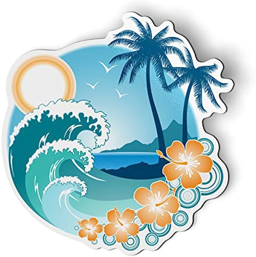 Tropical beach scene with palm trees, crashing waves, hibiscus flowers, sun, and birds in a sticker-style illustration.