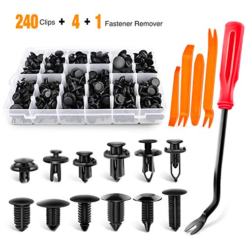 240-piece black plastic automotive fastener clip kit with removal tools in clear organizer box.