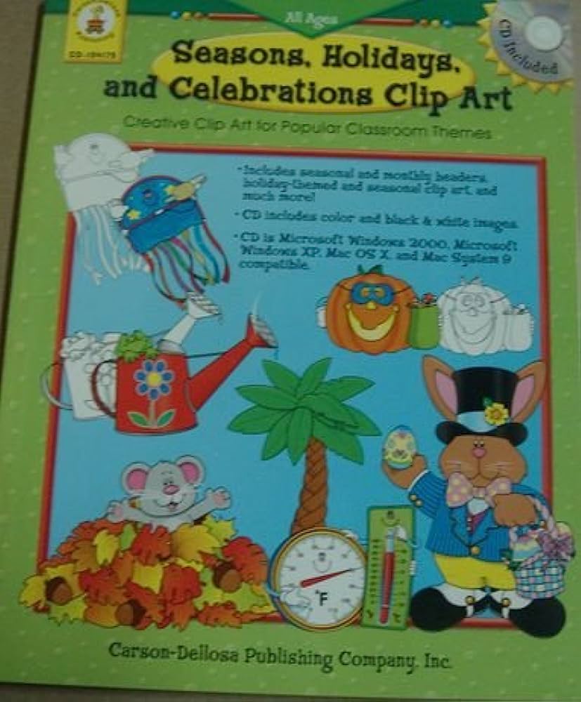 Cover of "Seasons, Holidays, and Celebrations Clip Art" by Carson-Dellosa, featuring cartoon characters, seasonal items, and CD icon.