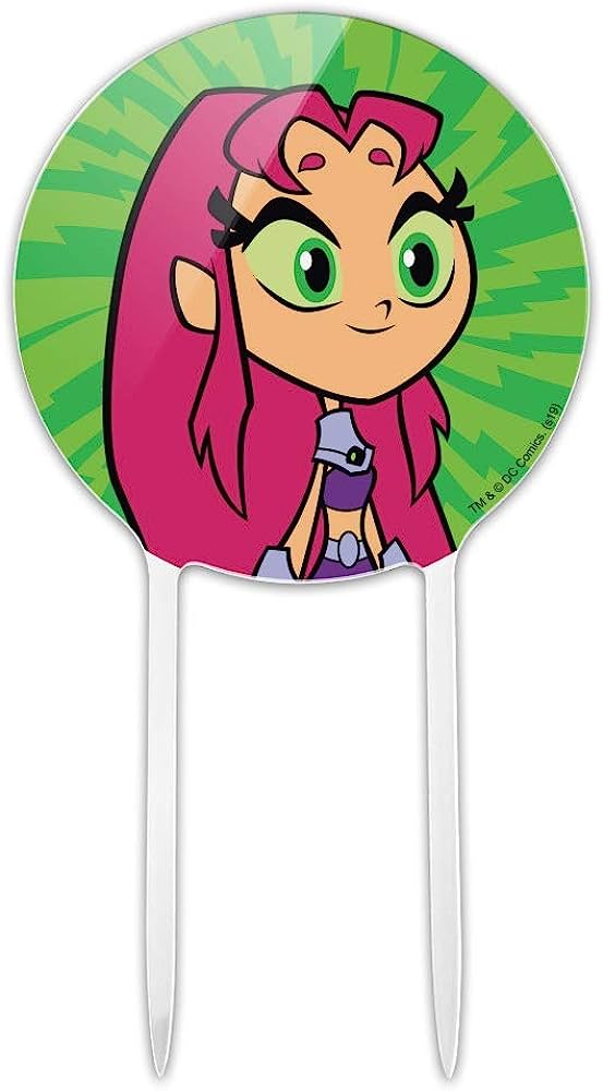 Teen Titans Go! Starfire cake topper with pink hair, green eyes, and purple outfit on green burst background.