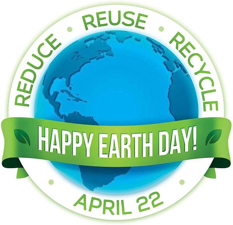 Earth Day logo with globe, green ribbon reading "Happy Earth Day!", and "Reduce, Reuse, Recycle" encircling the planet.