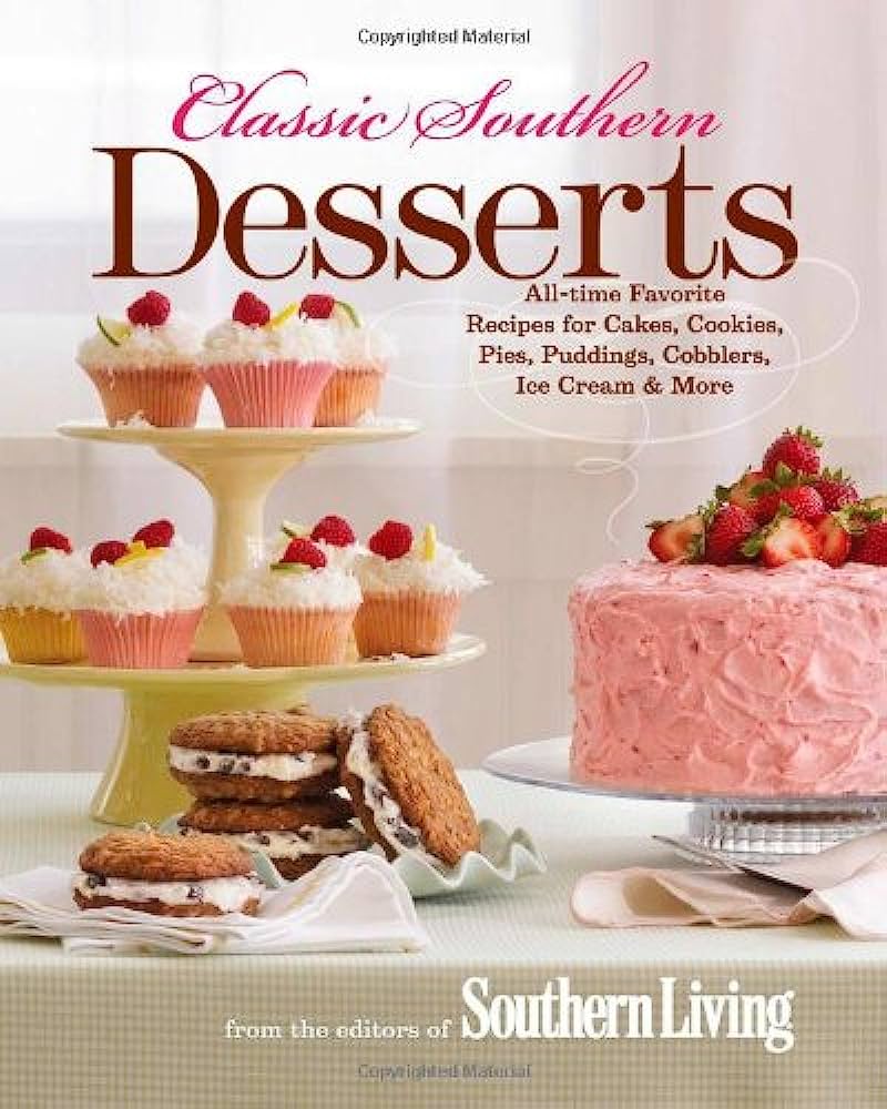 Classic Southern Desserts cookbook cover featuring cupcakes, strawberry cake, and ice cream sandwiches on a tiered stand.