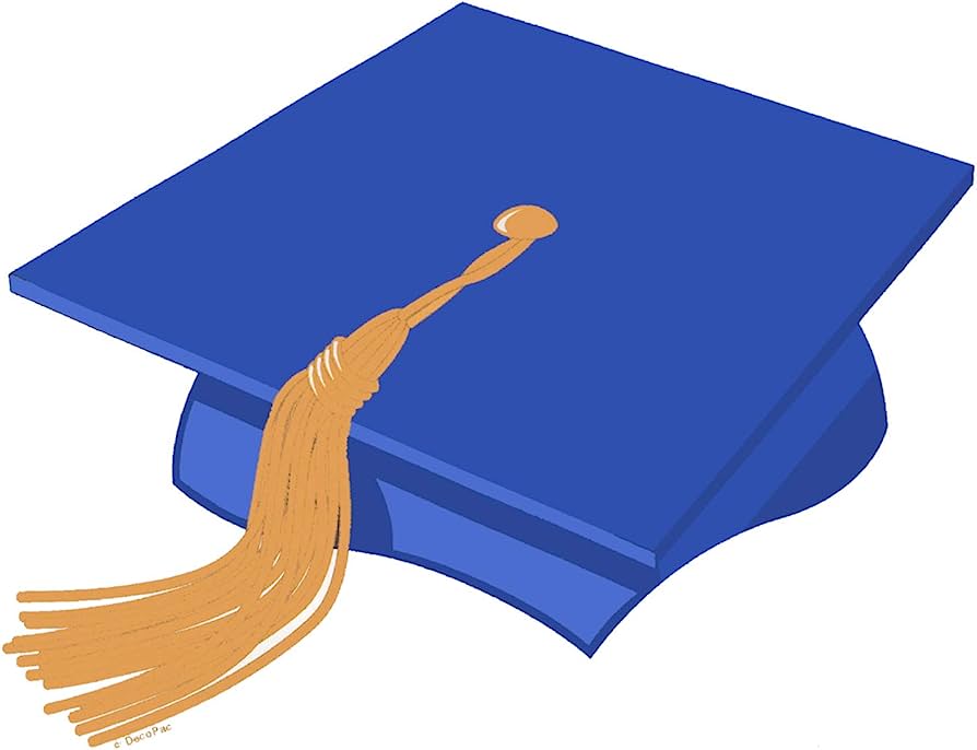 Blue graduation cap with gold tassel, symbolizing academic achievement and commencement.