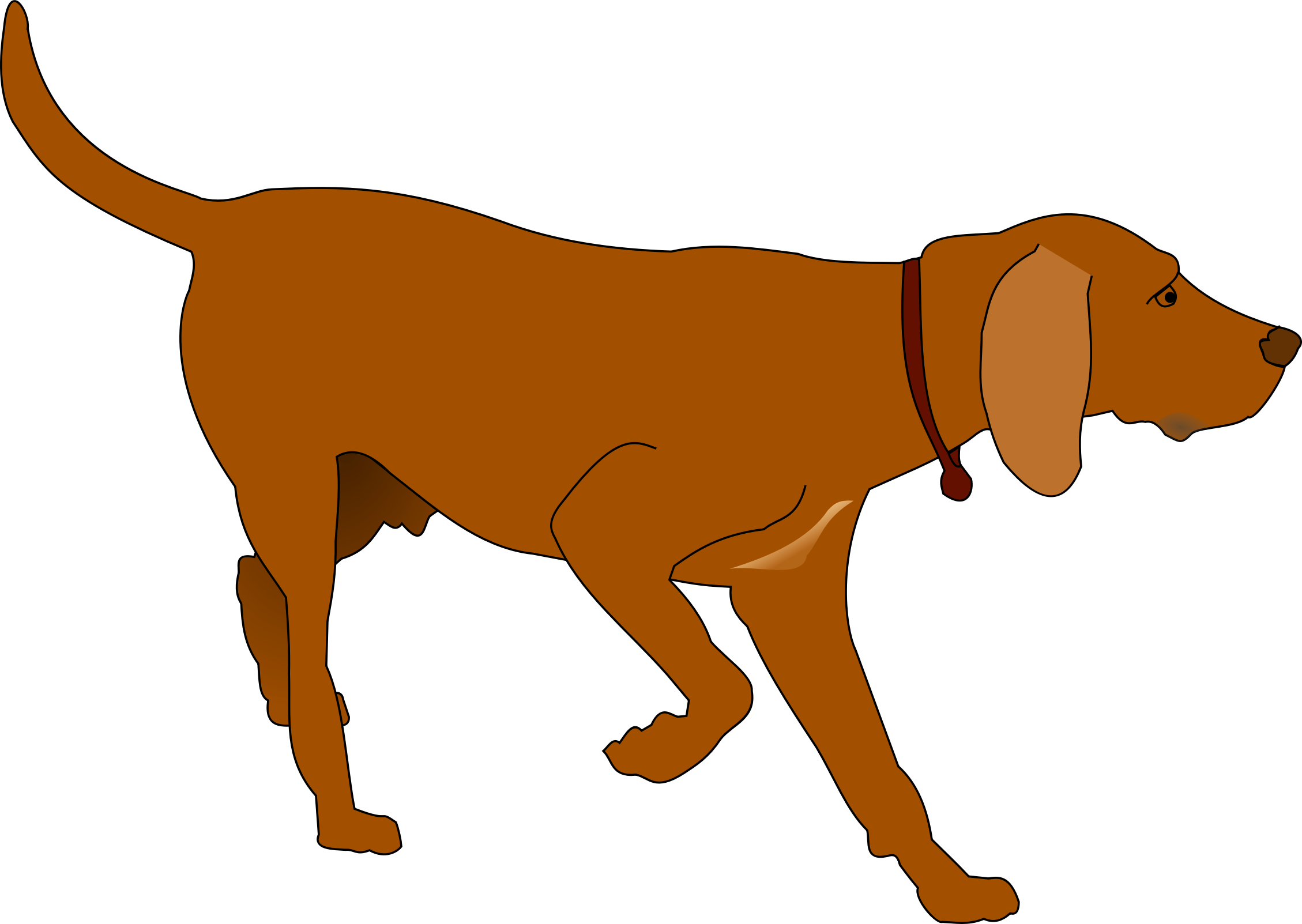 Brown dog in profile walking, wearing a red collar, vector illustration on black background.