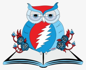 An illustrated wise owl with Grateful Dead lightning bolt heart, perched on an open book, flanked by blue roses.