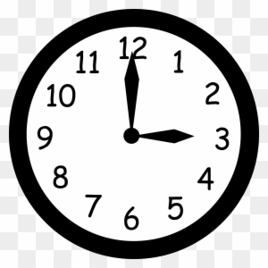 Simple black-and-white analog clock showing exactly 3:00 with hour hand on 3 and minute hand on 12.