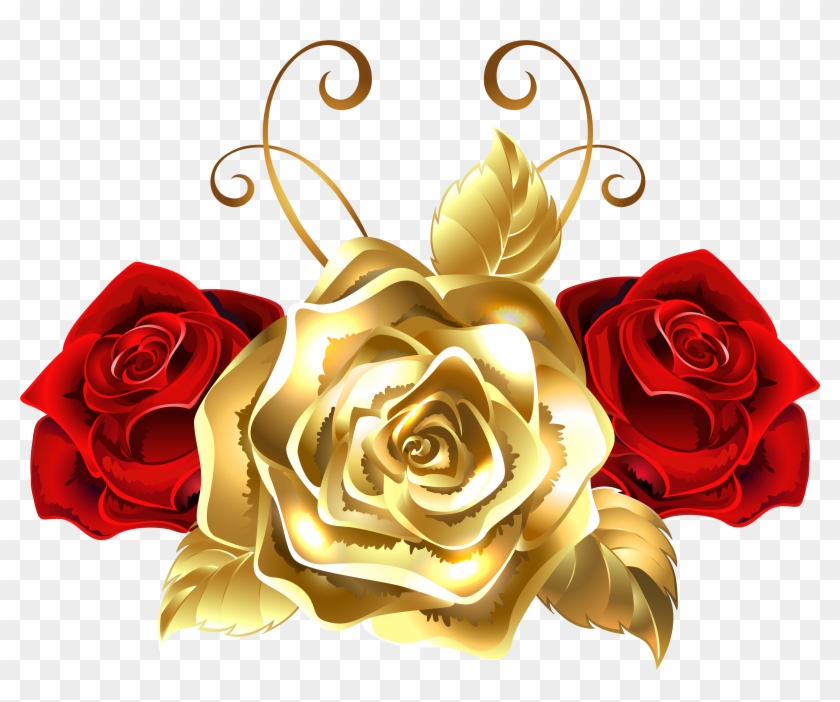 Golden rose flanked by two red roses with ornate gold swirls and leaves on transparent background.