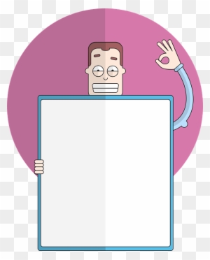 Cartoon man holding blank whiteboard with OK gesture, pink background.