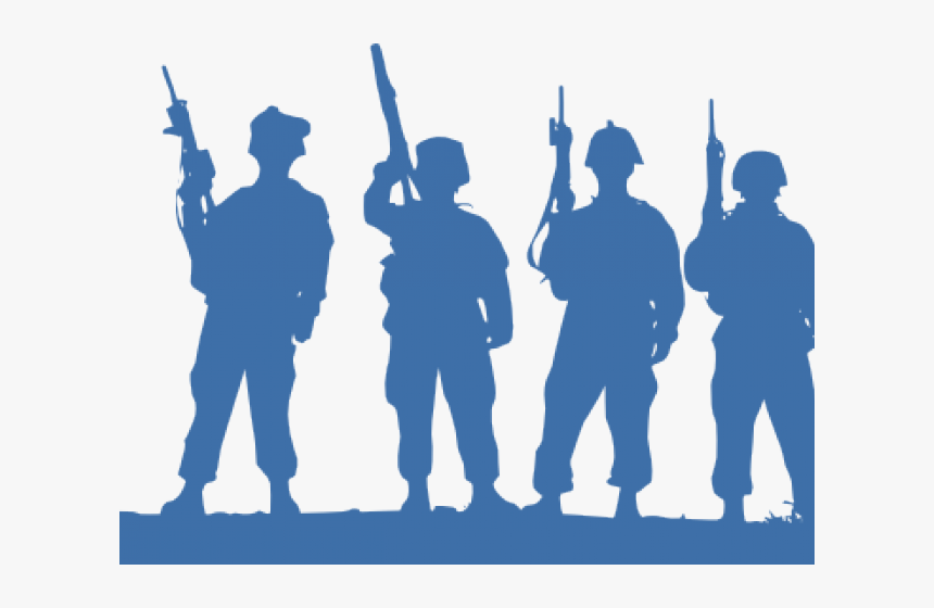 Silhouette of four soldiers in combat gear holding rifles, standing in formation against a light background.